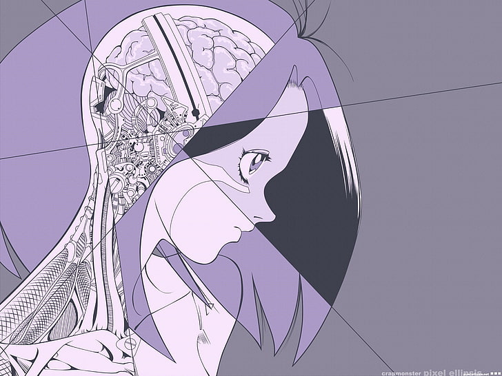 여성 만화 캐릭터 스케치, 애니메이션, 배틀 엔젤 Alita, 해부학, 뇌, Gally, HD 배경 화면