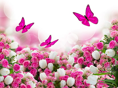 пеперуди, цветя, много, рози, лалета, HD тапет HD wallpaper