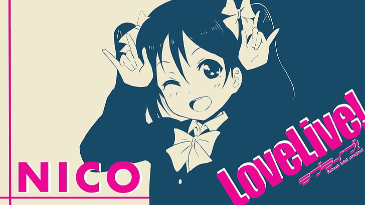 LoveLive Nico poster, Yazawa Nico, Aşk Canlı !, anime, anime girls, tipografi, ağzı açık, HD masaüstü duvar kağıdı
