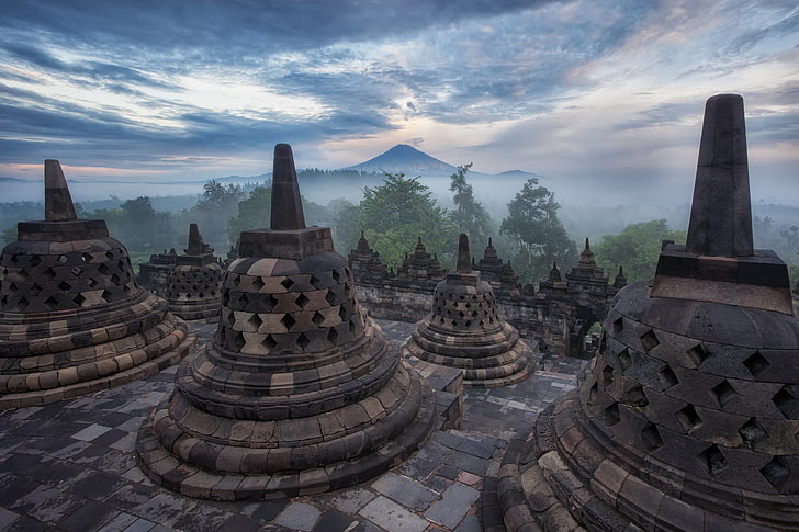 the sky, clouds, trees, fog, mountain, the evening, Indonesia, haze, temple, architecture, Java, Borobudur, HD wallpaper