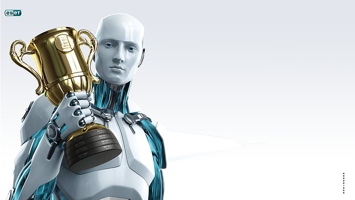 robot holding trophy illustration, robot, antivirus, ESET, NOD32, HD wallpaper