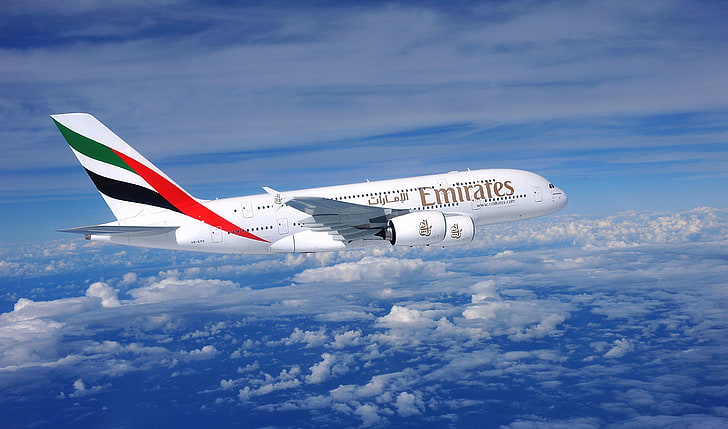 white passenger plane, Clouds, The plane, Flight, Day, A380, Airbus, Huge, Side view, Airliner, Emirates Airline, HD wallpaper