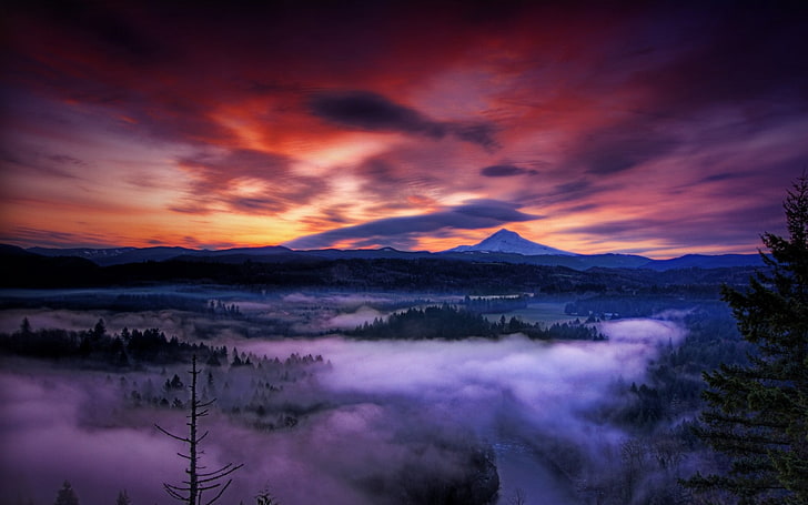 nature, landscape, sunset, mist, mountains, forest, clouds, valley, snowy peak, Oregon, HD wallpaper