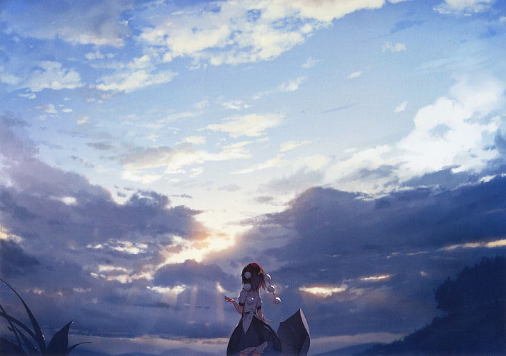 profile of woman illustration, Touhou, Shameimaru Aya, ke-ta, clouds, sky, umbrella, HD wallpaper