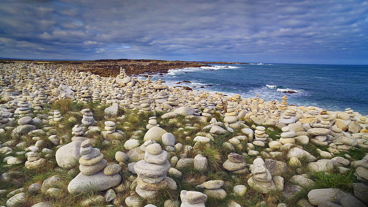 Cotes d'Armor, Brittany, Prancis, pantai, Prancis, batu, Brittany, laut, pantai granit merah muda, Cotes d'Armor, Wallpaper HD