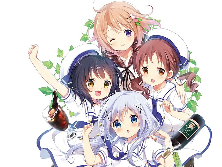 Gochuumon wa Usagi Desu ka ?, anime kızlar, Kafuu Chino, Hoto Kokoa, Jouga Maya, Natsu Megumi, HD masaüstü duvar kağıdı
