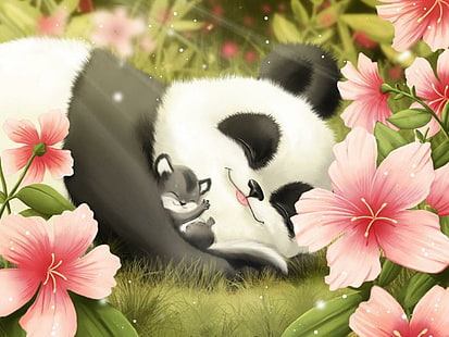Cute Panda and Cub, smiling, panda, sleeping, cute, flowers, hibiscus, pink, grass, HD wallpaper HD wallpaper