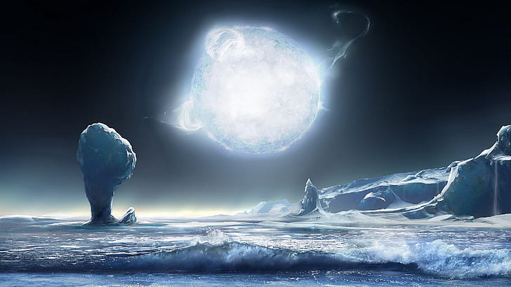 fantasy landscape, fantasy art, alien landscape, planet, iceberg, moon, space, ice, zing, arctic, sea, melting, sea ice, blue, ice cap, ocean, HD wallpaper