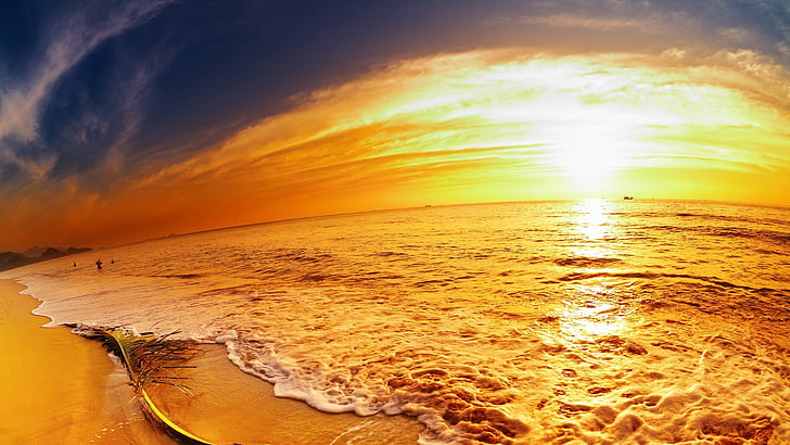 morze, zachód słońca, niebo, plaża, światło słoneczne, horyzont, woda, Tapety HD