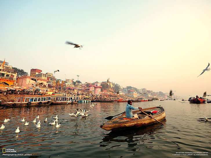 Varanasi, India, National Geographic, paesaggio urbano, barca, Sfondo HD