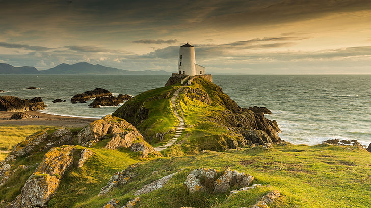ocean, path, stairs, grassland, wales, north wales, anglesey, twr bach lighthouse, united kingdom, ty mawr lighthouse, llanddwyn, llanddwyn island, hill, coast, cliff, landscape, lighthouse, tower, grass, cape, llanddwyn lighthouse, rock, promontory, sky, sea, headland, HD wallpaper