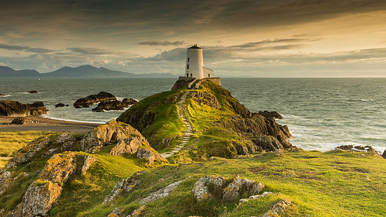 ocean, path, stairs, grassland, wales, north wales, anglesey, twr bach lighthouse, united kingdom, ty mawr lighthouse, llanddwyn, llanddwyn island, hill, coast, cliff, landscape, lighthouse, tower, grass, cape, llanddwyn lighthouse, rock, promontory, sky, sea, headland, HD wallpaper HD wallpaper