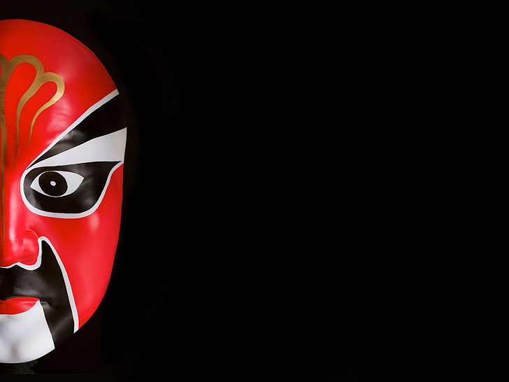 kabuki mask paint, mask, black background, china, person, HD wallpaper