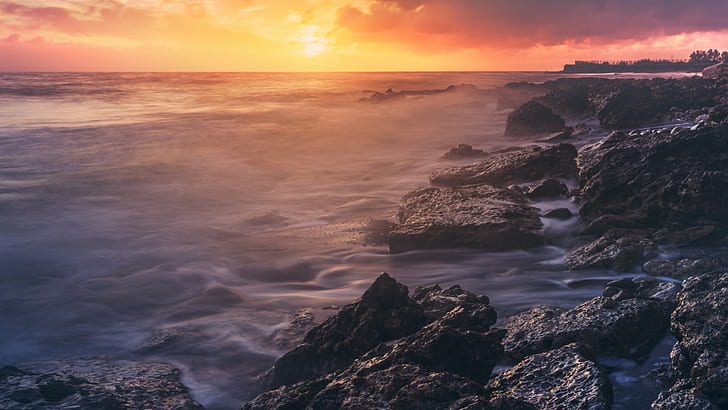 naturaleza, paisaje, mar, olas, puesta de sol, roca, costa, Fondo de pantalla HD