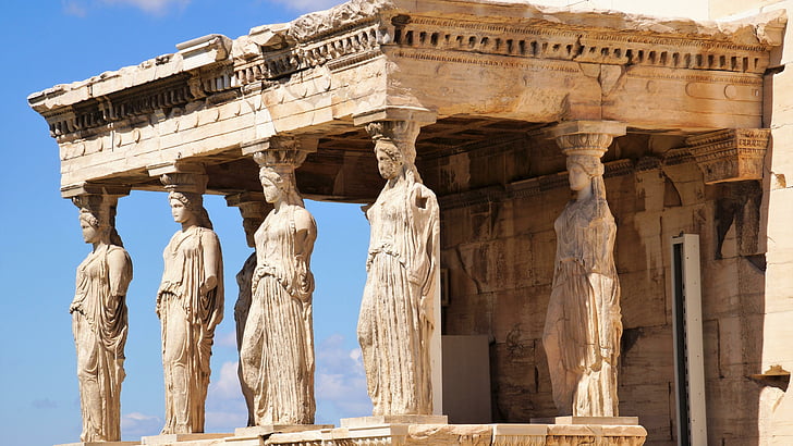 古代史、観光、遺跡、寺院、エレクテウム、アクロポリスの丘、アクロポリス、アテネ、ギリシャ、歴史的、古代、 HDデスクトップの壁紙