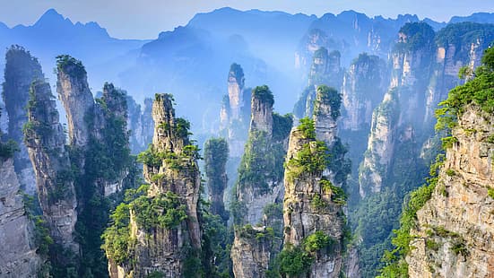montañas, Basin Mountain, naturaleza, Patrimonio de la Humanidad, Patrimonio, Asia, Hunan, Parque Nacional Zhangjiajie, cielo despejado, China, paisaje, Fondo de pantalla HD HD wallpaper