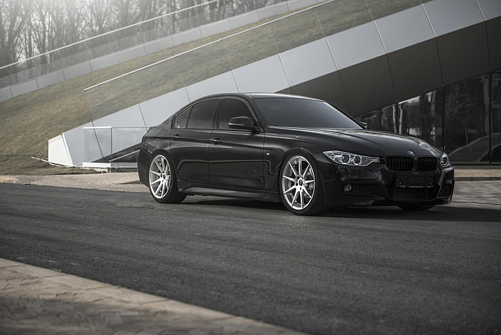 black sedan, BMW, black, tuning, 335i, F30, stance, HD wallpaper