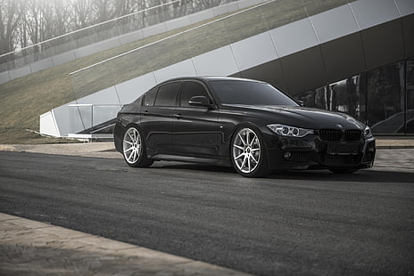 sedán negro, BMW, negro, tuning, 335i, F30, postura, Fondo de pantalla HD HD wallpaper