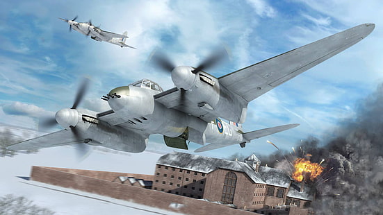 warplane attacking castle graphic wallpaper, figure, art, De Havilland Mosquito, British multi-purpose bomber, night fighter during the Second world war, HD wallpaper HD wallpaper