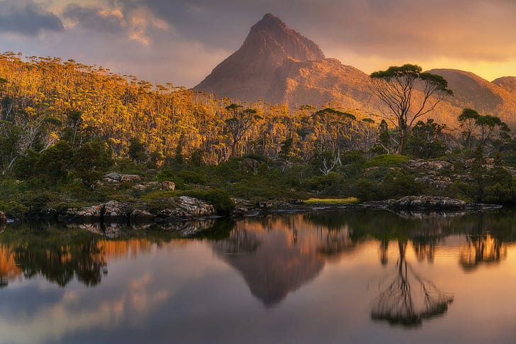 landscape, nature, photography, lake, mountains, trees, sunset, water, reflection, Tasmania, HD wallpaper