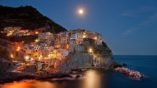 klif, cinque terre, port, la spezia, manarola, zmierzch, woda, turystyka, Liguria, skała, miasto, europa, włochy, księżyc, noc, wybrzeże, cypel, niebo, morze, Tapety HD HD wallpaper