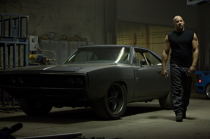 gray muscle car, car, black, actor, Dodge, muscle, charger, 1970, fast five, VIN diesel, the charger, the furious five, HD wallpaper