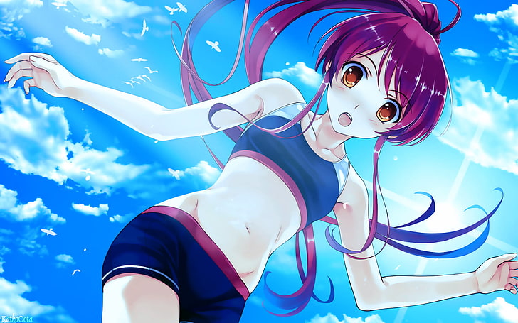 long maroon-haired anime character wallpaper, the sky, girl, the sun, bird, cloud, blush, navel, long hair, open mouth, waist, sunlight, solo, orange eyes, pink hair, sports uniforms, t, from below, katkooota, hairstyle ponytail, HD wallpaper