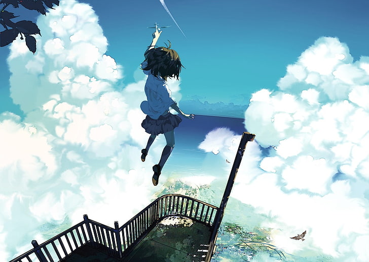 female anime character wallpaper, sky, clouds, anime, anime girls, original characters, bird's eye view, airplane, balcony, jumping, HD wallpaper