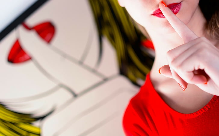 女性、ブルネット、唇に指、赤い口紅、 HDデスクトップの壁紙