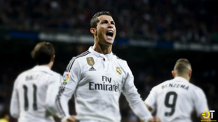 putih dan hitam Jersey sepak bola Fly Emirate, Cristiano Ronaldo, Real Madrid, Wallpaper HD