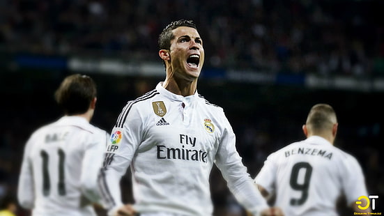 maglia da calcio bianca e nera Fly Emirato, Cristiano Ronaldo, Real Madrid, Sfondo HD HD wallpaper