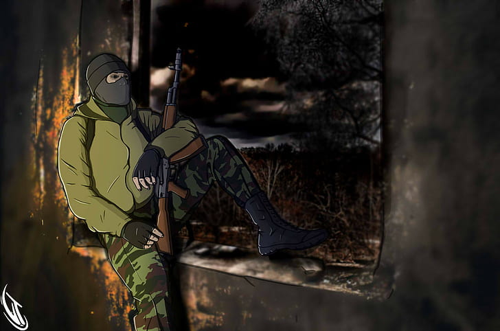 Soldat, Militär, Illustration, Waffe, Zeichnung, S.T.A.L.K.E.R., Gamer, Vlad Tretyak, HD-Hintergrundbild