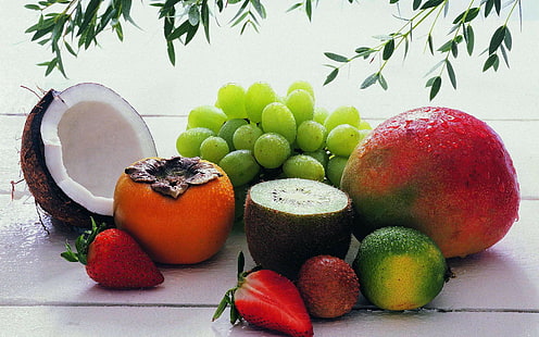 плодове, грозде, кокосови орехи, храна, ягоди, HD тапет HD wallpaper