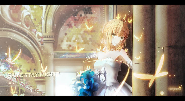 Sabre, série Fate, Fate / Stay Night, robe de mariée, fleurs, anime, filles anime, Fond d'écran HD