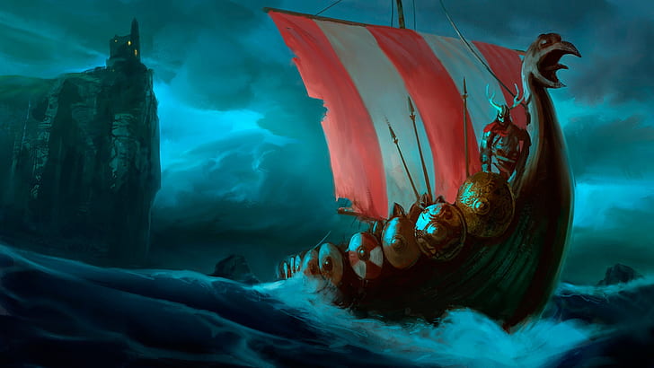 drakkar, viking, navio, arte de fantasia, vikings, HD papel de parede