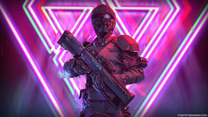 Halo character, neon, weapon, soldier, futuristic, helmet, science fiction, gun, HD wallpaper