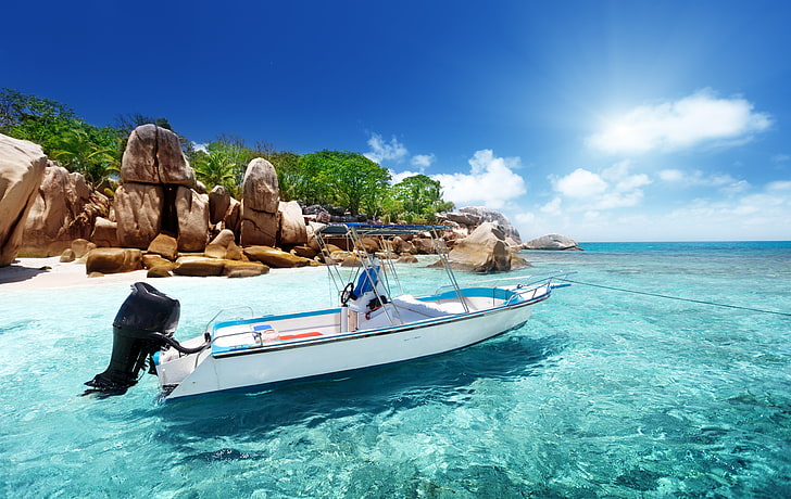 white and black speedboat, sand, sea, beach, the sky, clouds, landscape, nature, boat, HD wallpaper