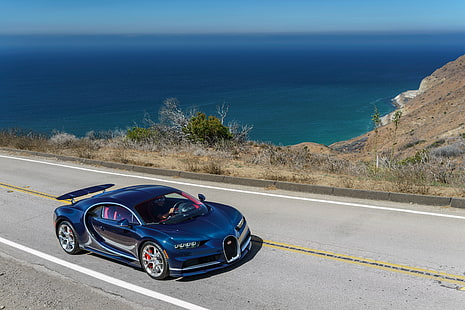 สีน้ำเงิน Bugatti Chiron coupe, bugatti, chiron, สีน้ำเงิน, มุมมองด้านข้าง, วอลล์เปเปอร์ HD HD wallpaper