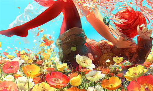 Mahoutsukai no Yome, anime girls, Hatori Chise, fiori, capelli rossi, anime, colorati, gambe, Sfondo HD HD wallpaper