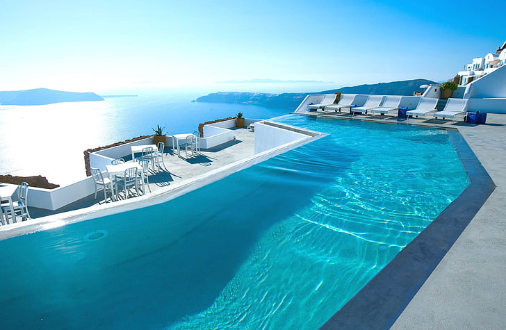 Santorini Hotel, blue swimming pool, Europe, Greece, View, Scenery, Pool, Panoramic, Hotel, Santorini, HD wallpaper