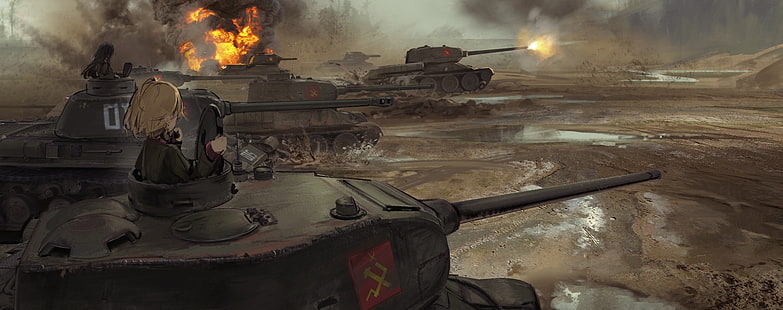 Mädchen und Panzer, Schlachtfeld, Panzer, Explosion, Anime, HD-Hintergrundbild HD wallpaper