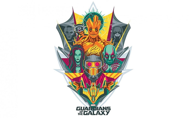 guardians of the galaxy star lord gamora rocket raccoon groot drax the destroyer simple background artwork, HD wallpaper