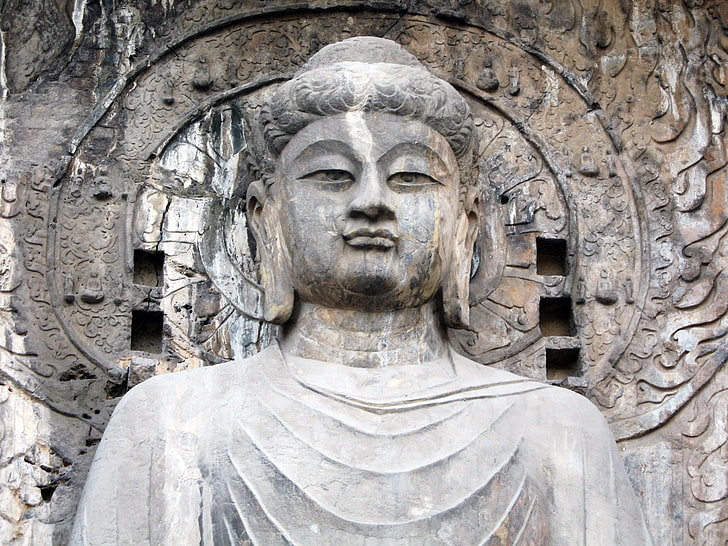 Buddhastaty, longmangrottor, staty, sten, landmärke, HD tapet