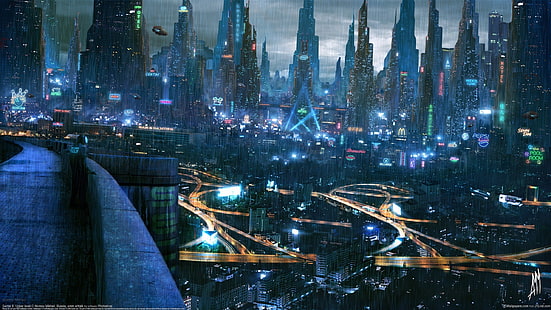 schwarze Stadtgebäude, Cyberpunk, Stadtbild, Stadt, futuristische Stadt, digitale Kunst, Grafik, HD-Hintergrundbild HD wallpaper