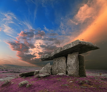 gray concrete stone piled up, lavender, lavender, Poulnabrone Dolmen, Sunset, Lavender, Fantasy, gray, concrete, stone, up, dolmen, landmark  building, architecture, megalith, monolith, menhir, celtic, ancient, old, rock, stones, monument, history, landscape, scene, scenery, scenic, travel, tourism, nature, natural, ireland, irish, ruins, prehistoric, prehistorical, cloud, clouds, sky, background, sundown, twilight, celestial, surreal, pretty, beauty, beautiful, glow, epic, violet, purple, pink, orange, blue, colorful, colourful, photomanipulation, manipulation, art, creative, stock, resource, image, picture, ca, famous Place, cultures, rock - Object, cloud - Sky, stone - Object, stone Material, HD wallpaper HD wallpaper