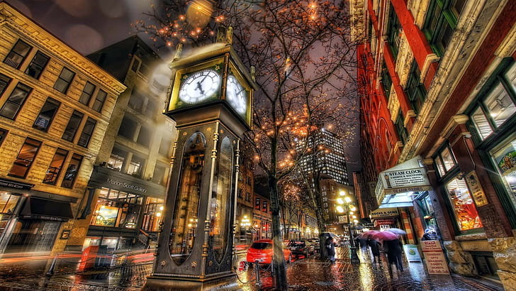 clocks, vintage, photography, city night, rain, clocks, vintage, rain, city night, HD wallpaper