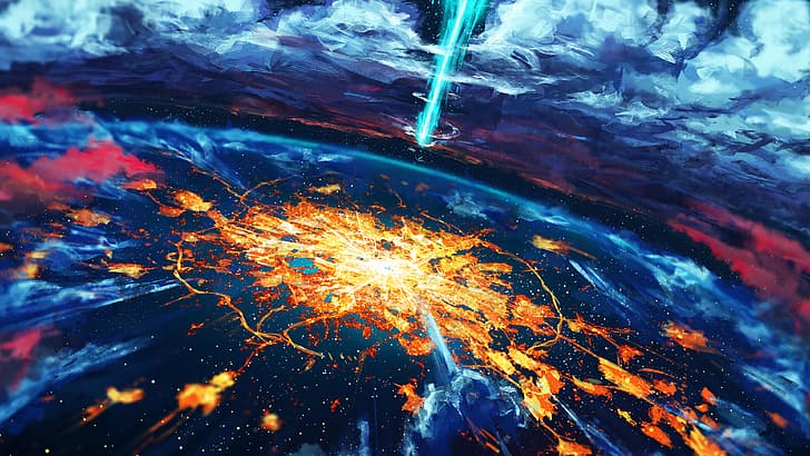Armageddon, planet, fire, digital art, clouds, impact, HD wallpaper