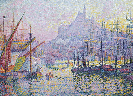 Meer, Landschaft, die Stadt, Schiff, Bild, Paul Signac, Pointillismus, Marseille.Notre-Dame-de-La-Garde, HD-Hintergrundbild HD wallpaper