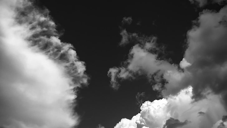 clouds, cloud, abstract, nature, black and white, sky, b&w, HD wallpaper