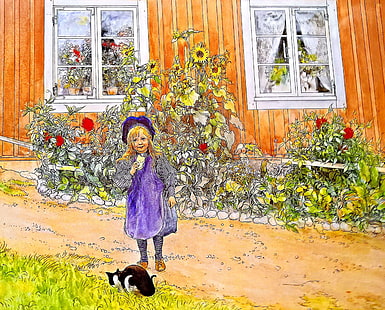 sztuka, artysta carl larsson, kolorowa, dziewczyna z chlebem i masłem, sekcja obrazu, nostalgiczny, malarstwo, szwecja, tradycyjnie, akwarela, Tapety HD HD wallpaper